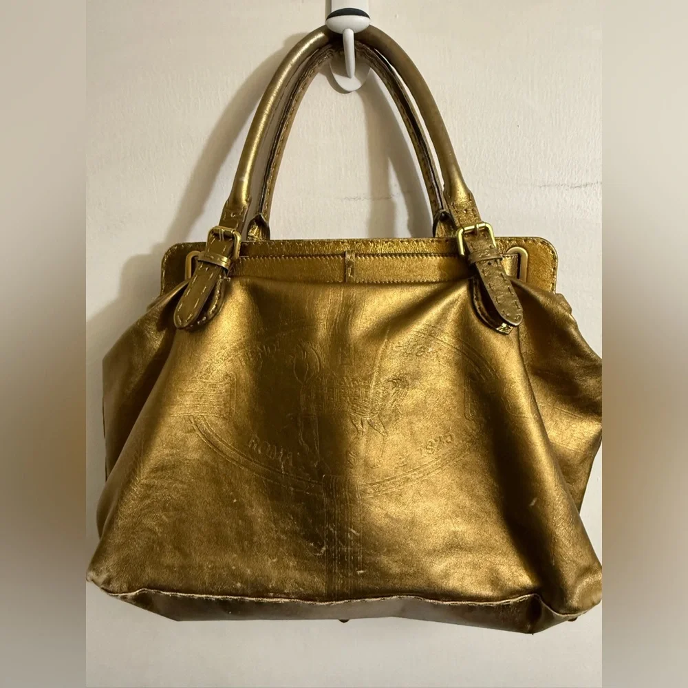 Fendi Gold Leather Selleria Villa‎ Borghese Satchel Shoulder Bag